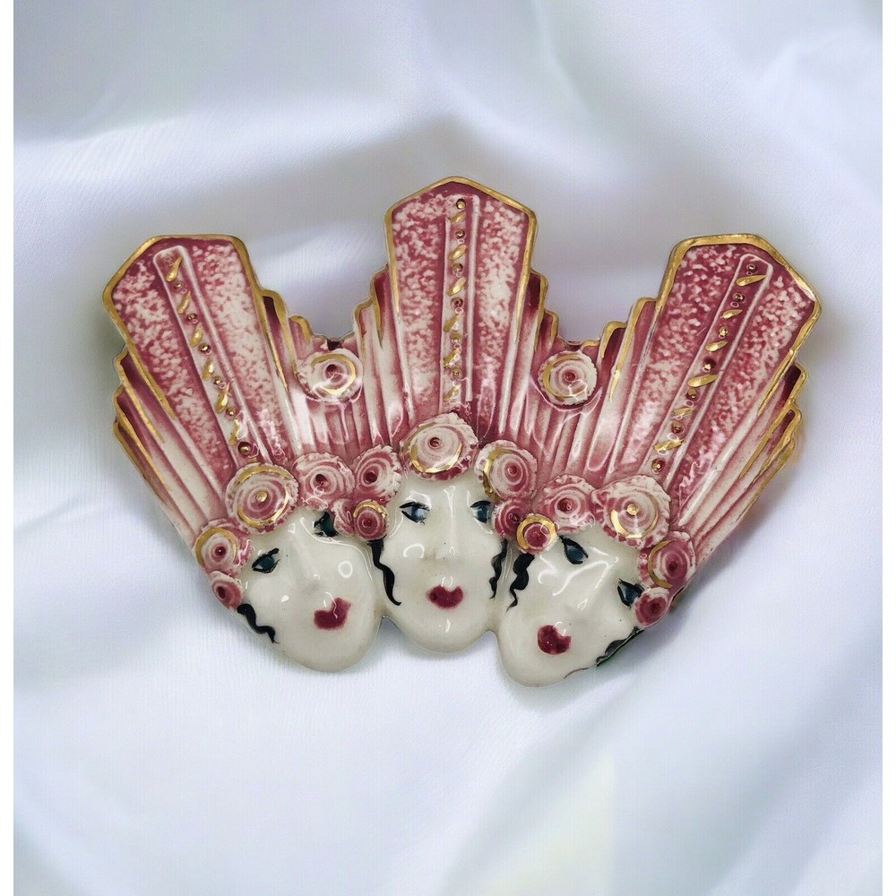 Ladies Art Deco Gatsby Style Pin Brooch by K Buxton Women Pink Gold Hand Painted